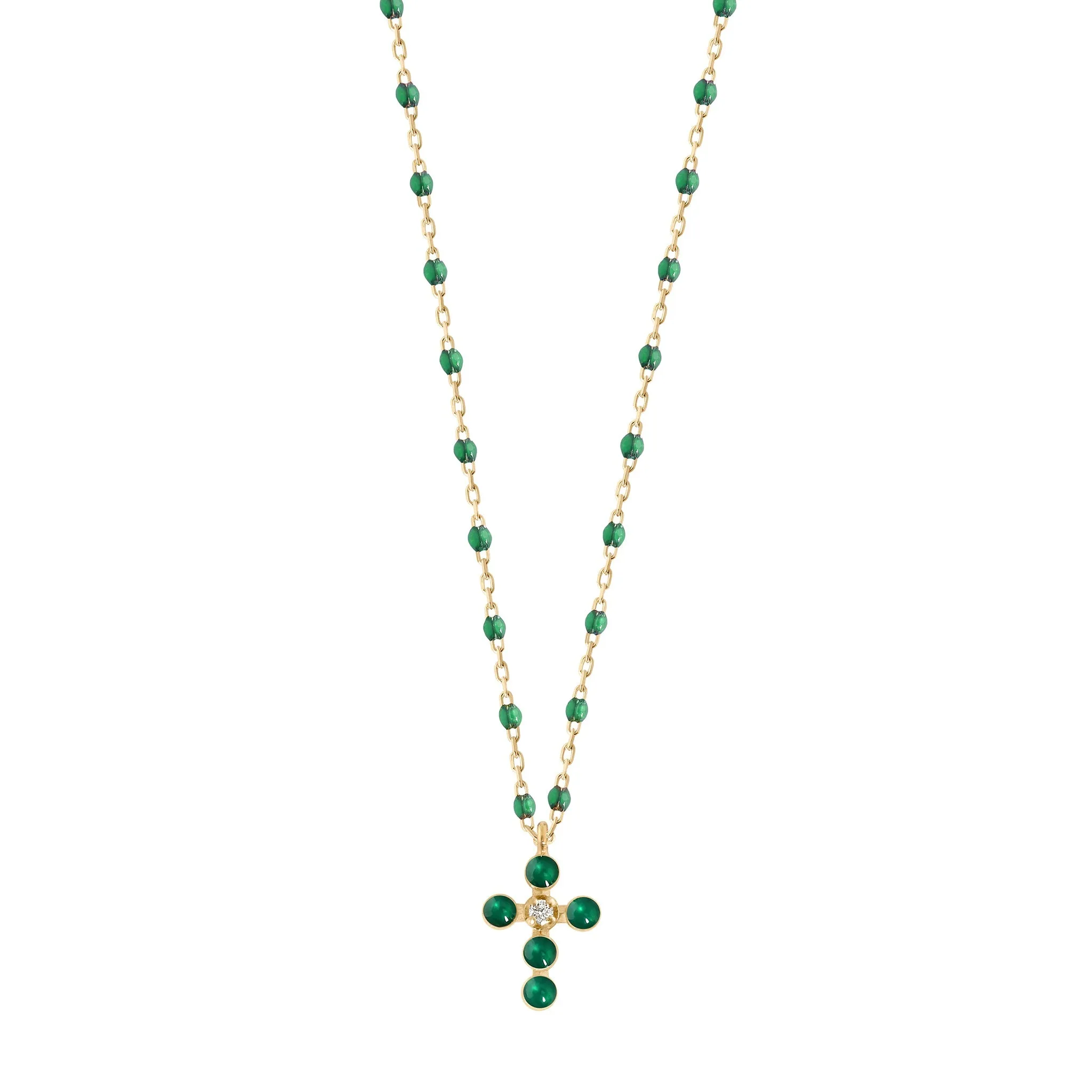 Pearled Cross Diamond Necklace, Emerald, Yellow Gold, 16.5"