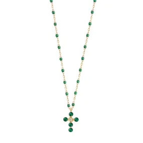 Pearled Cross Diamond Necklace, Emerald, Yellow Gold, 16.5"