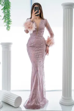 Pink Long Sleeve Beaded V-Neck Feather Mermaid Prom Dress