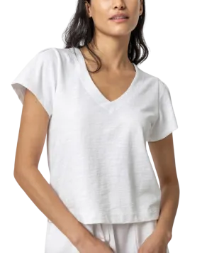 Pleated Cap Sleeve V-Neck (White)