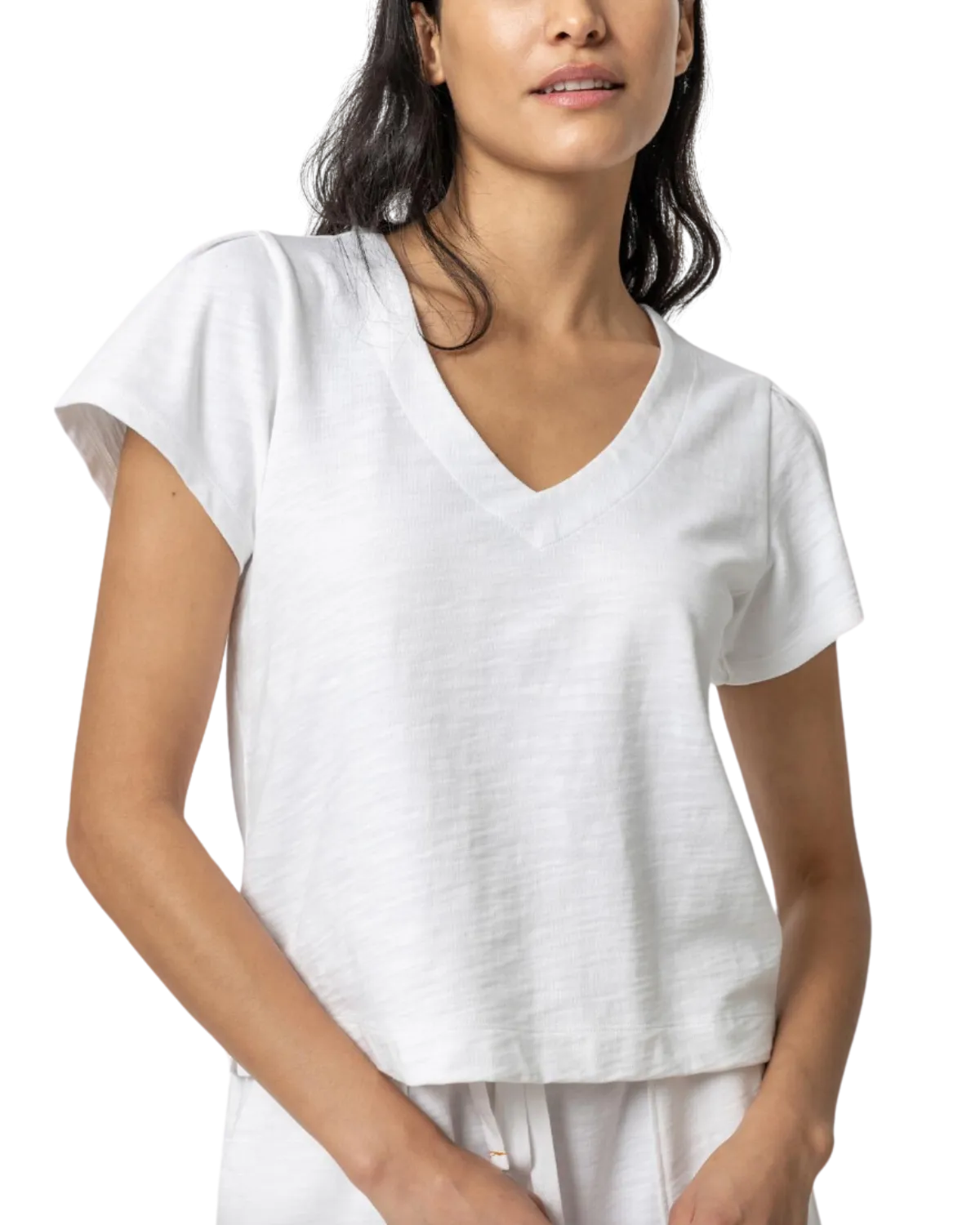 Pleated Cap Sleeve V-Neck (White)