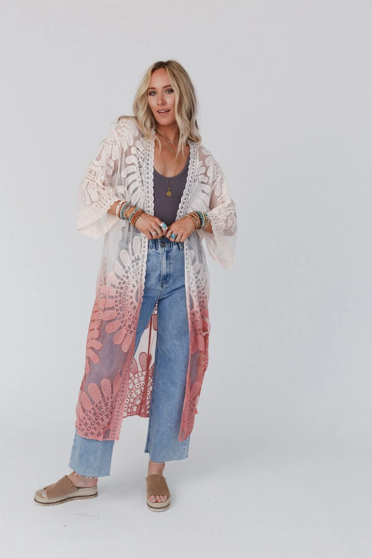 Poolside Ombre Lace Kimono - Rose