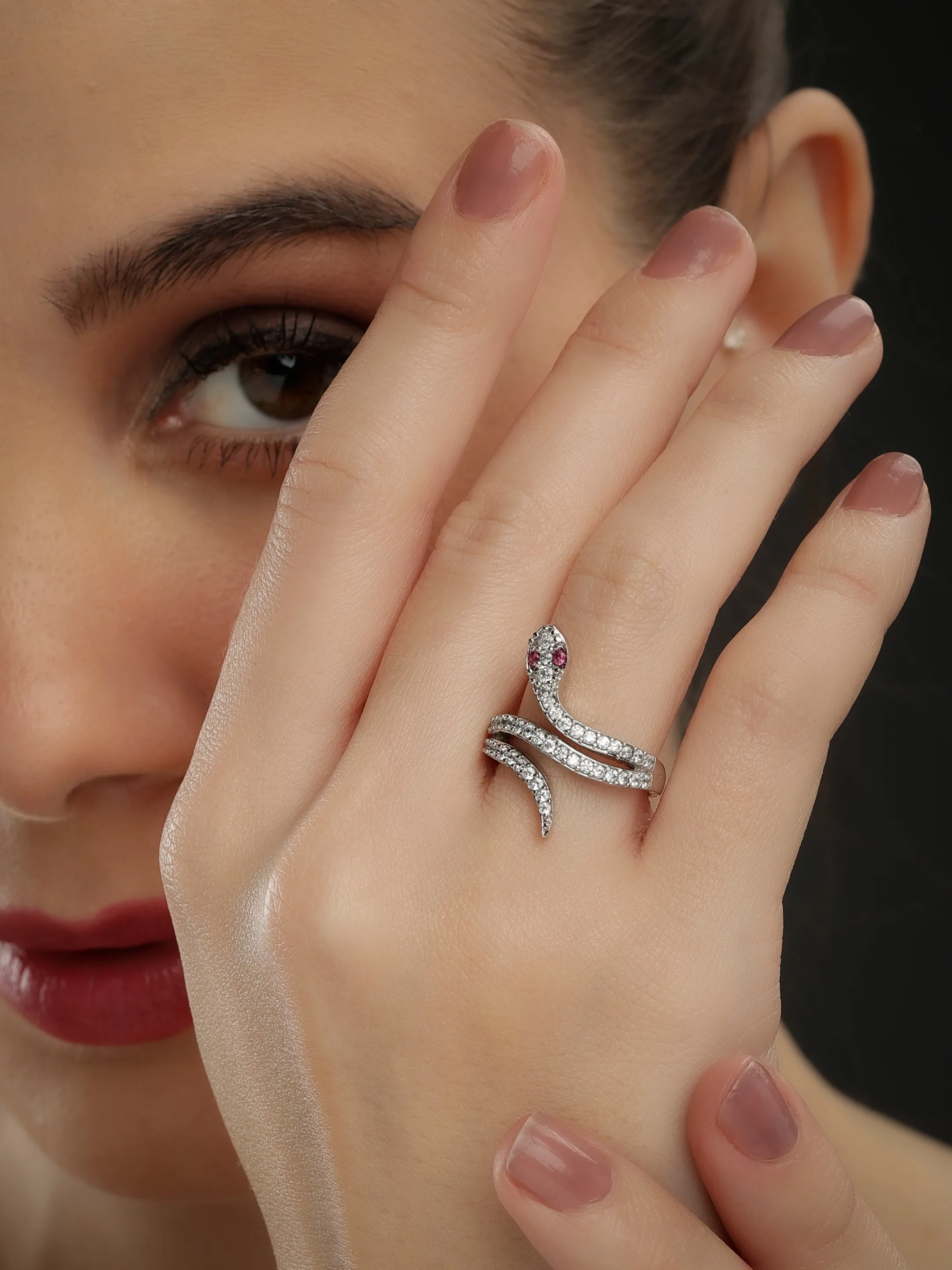 Pure 925 Silver Moon eye Snake Wrap Ring for Ladies