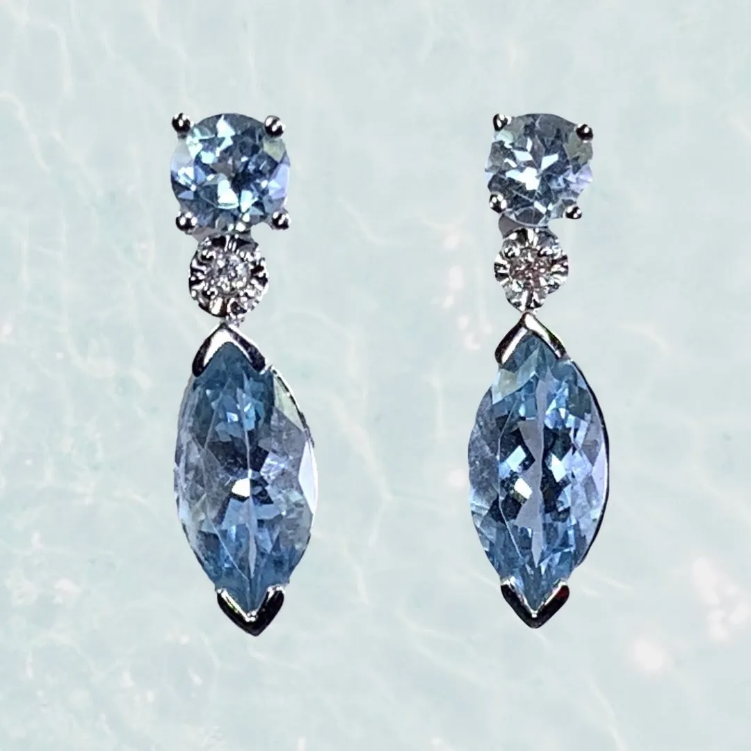 RESERVED LISTING for GM1321 1970s Aquamarine Drop Earrings set in 14K White Gold. Perfect Something Blue Wedding Jewelry.