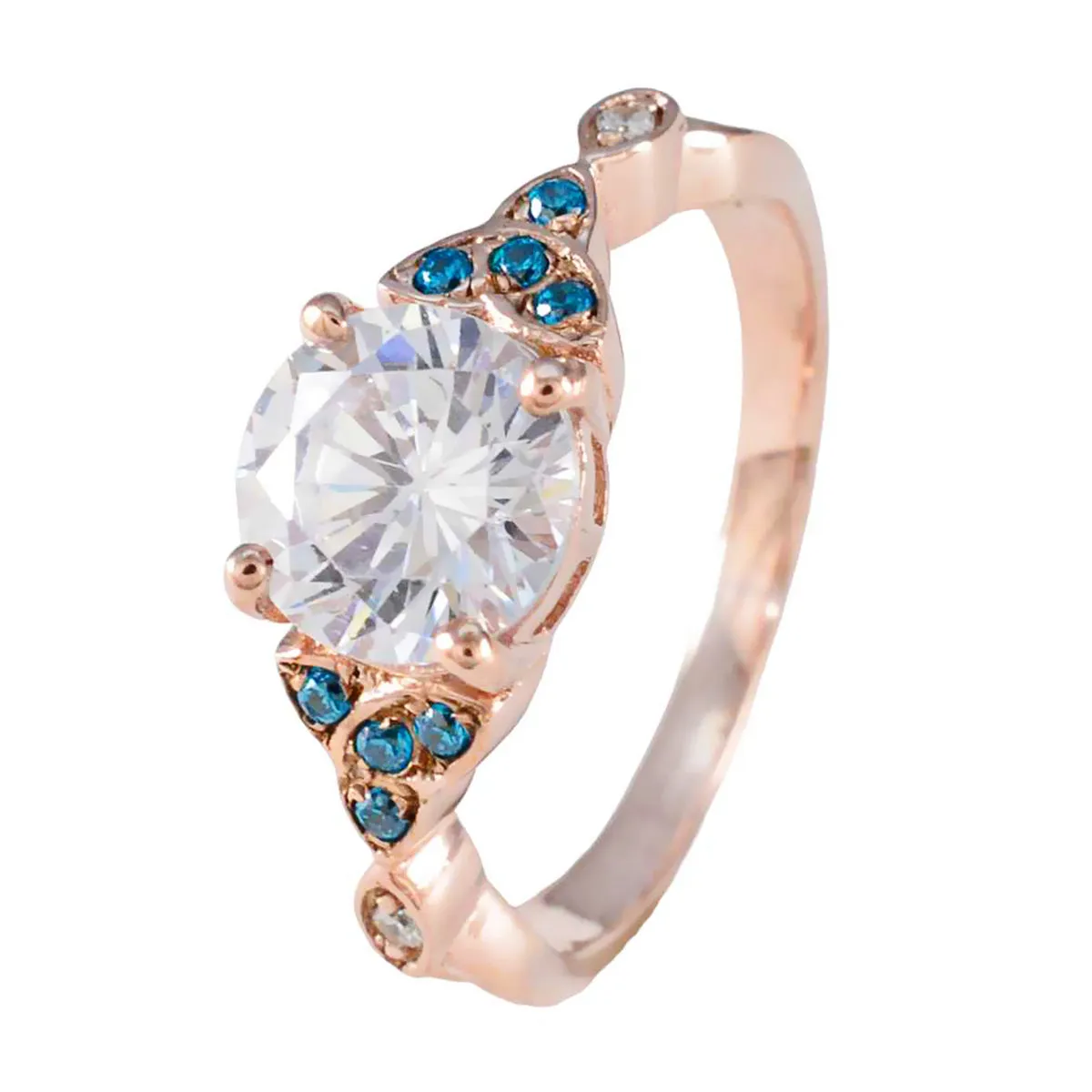 Riyo Beautiful Silver Ring With Rose Gold Plating Blue Topaz CZ Stone Round Shape Prong Setting  Jewelry Christmas Ring