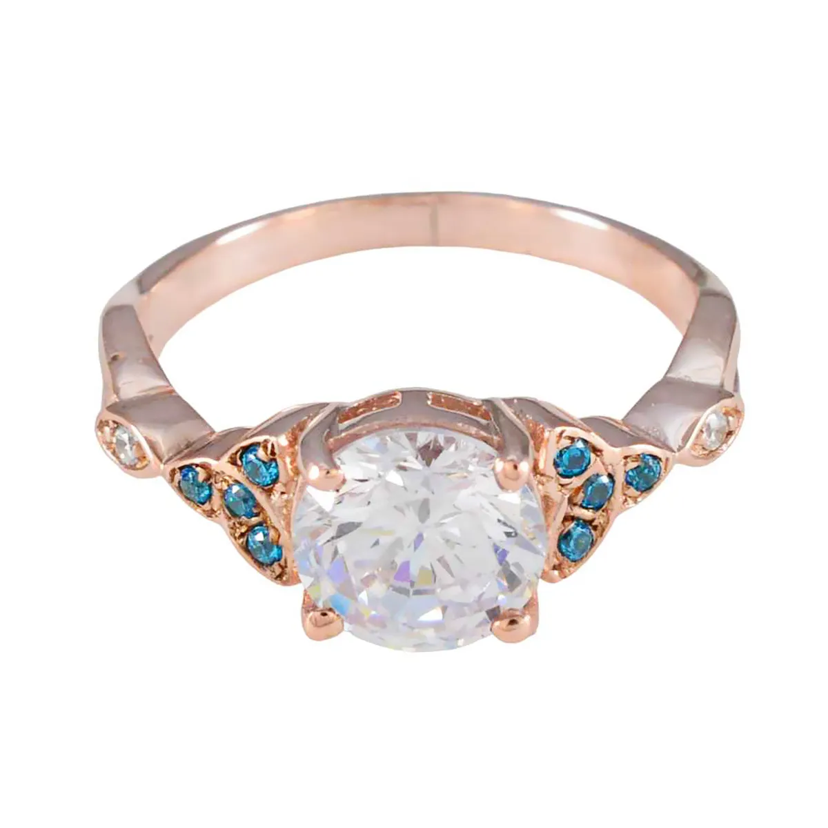 Riyo Beautiful Silver Ring With Rose Gold Plating Blue Topaz CZ Stone Round Shape Prong Setting  Jewelry Christmas Ring