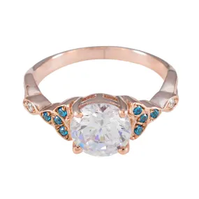 Riyo Beautiful Silver Ring With Rose Gold Plating Blue Topaz CZ Stone Round Shape Prong Setting  Jewelry Christmas Ring