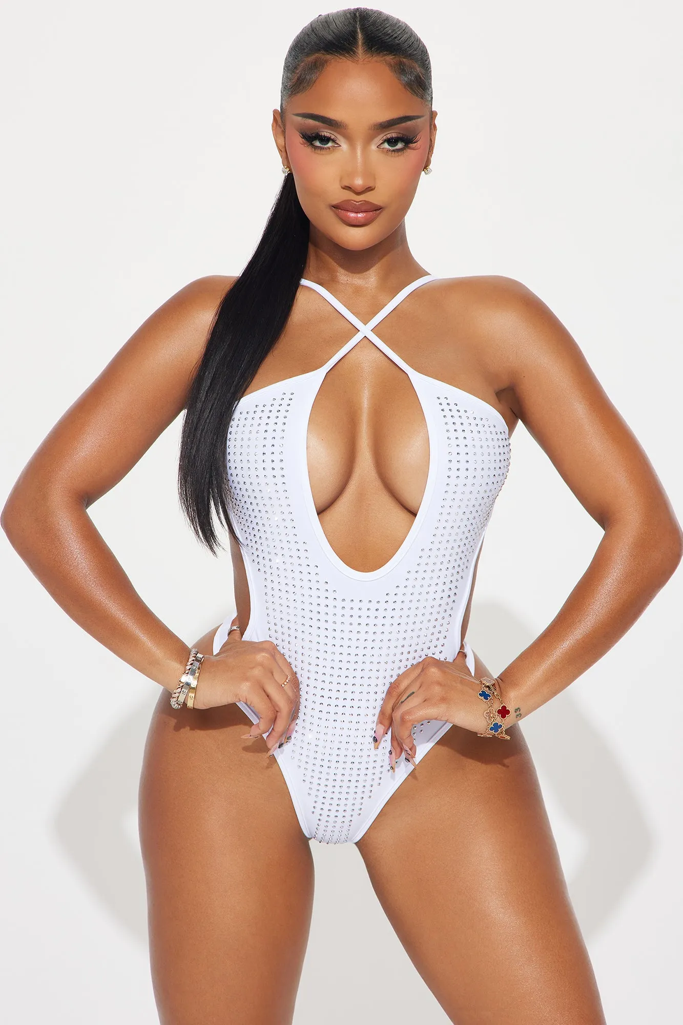 Saisha Rhinestone 1 Piece Swimsuit - White