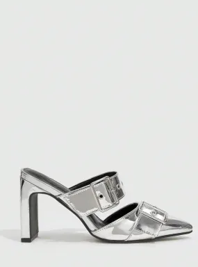 Silver Buckle Chunky High Heeled Mules