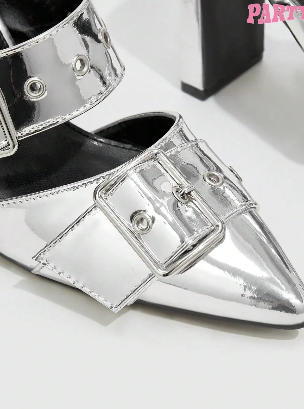 Silver Buckle Chunky High Heeled Mules