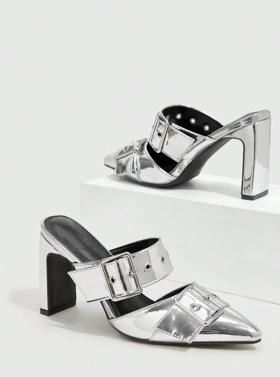 Silver Buckle Chunky High Heeled Mules