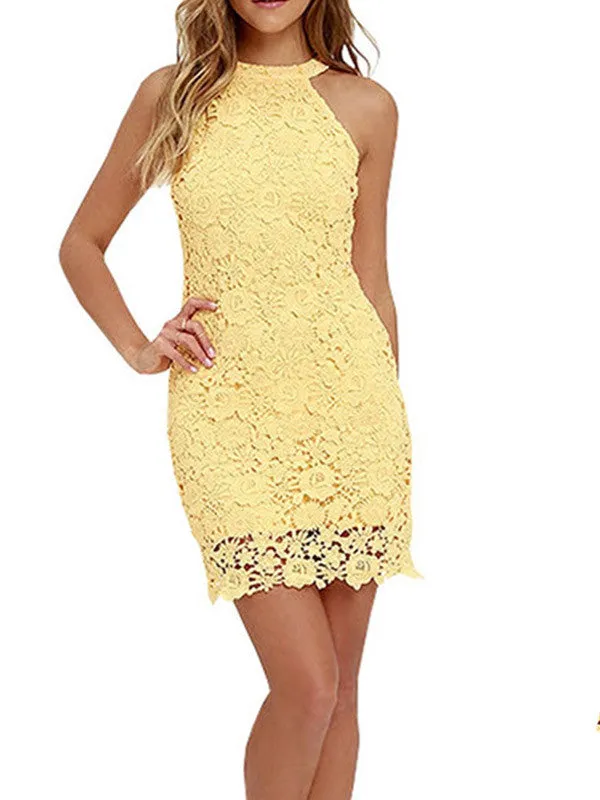 Summer Sleeveless Halter Lace Bodycon Mini Dress