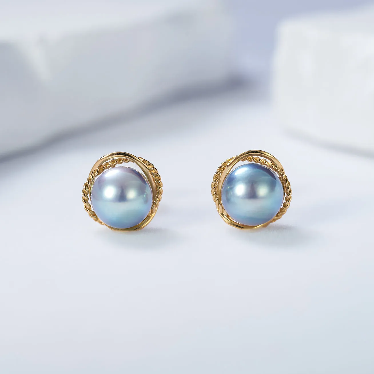 Top Grade 18K Gold Silver Blue Akoya Pearl Earrings KE00159