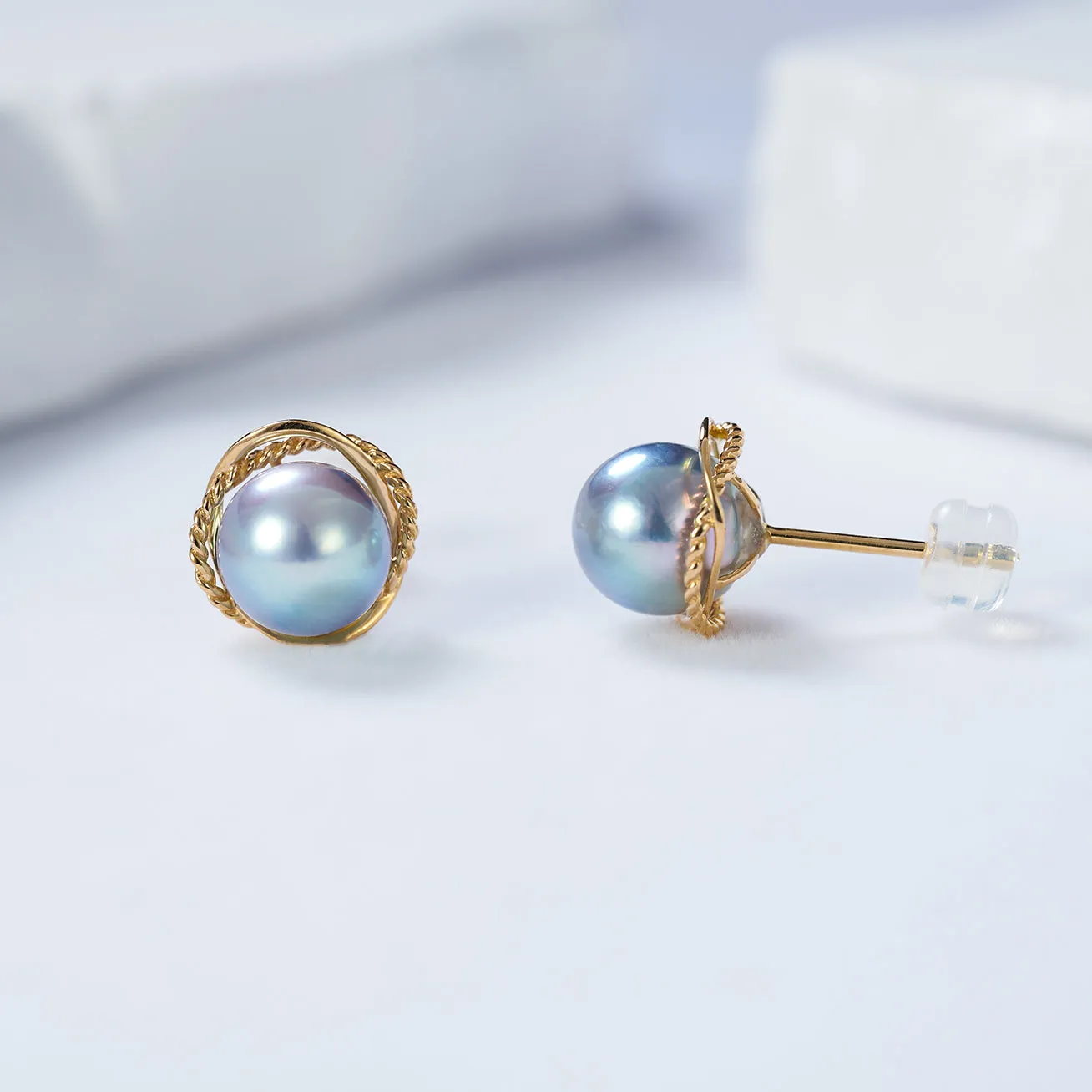 Top Grade 18K Gold Silver Blue Akoya Pearl Earrings KE00159