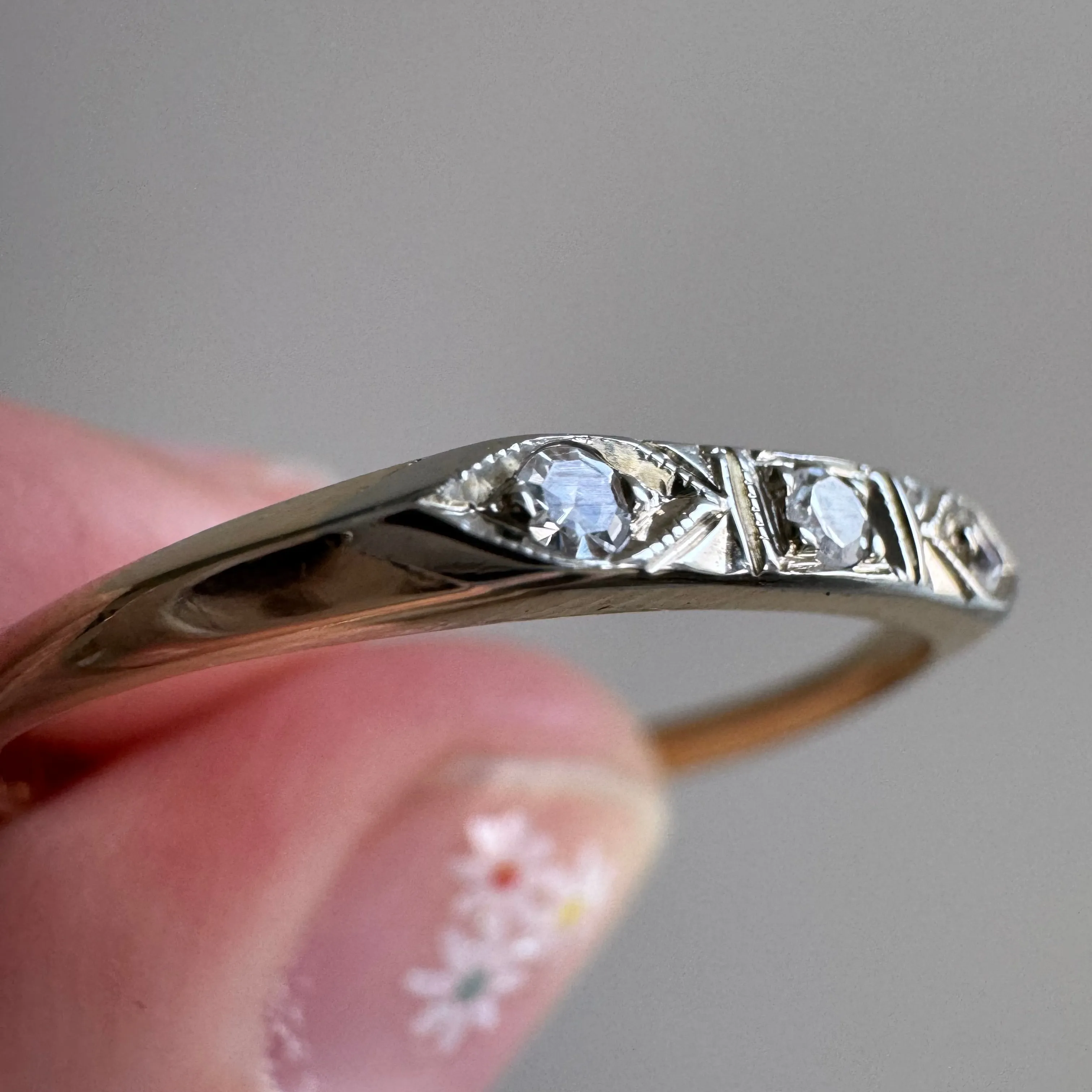 V I N T A G E // deco eyes / 14k yellow and white gold diamond trilogy band / size 10.75