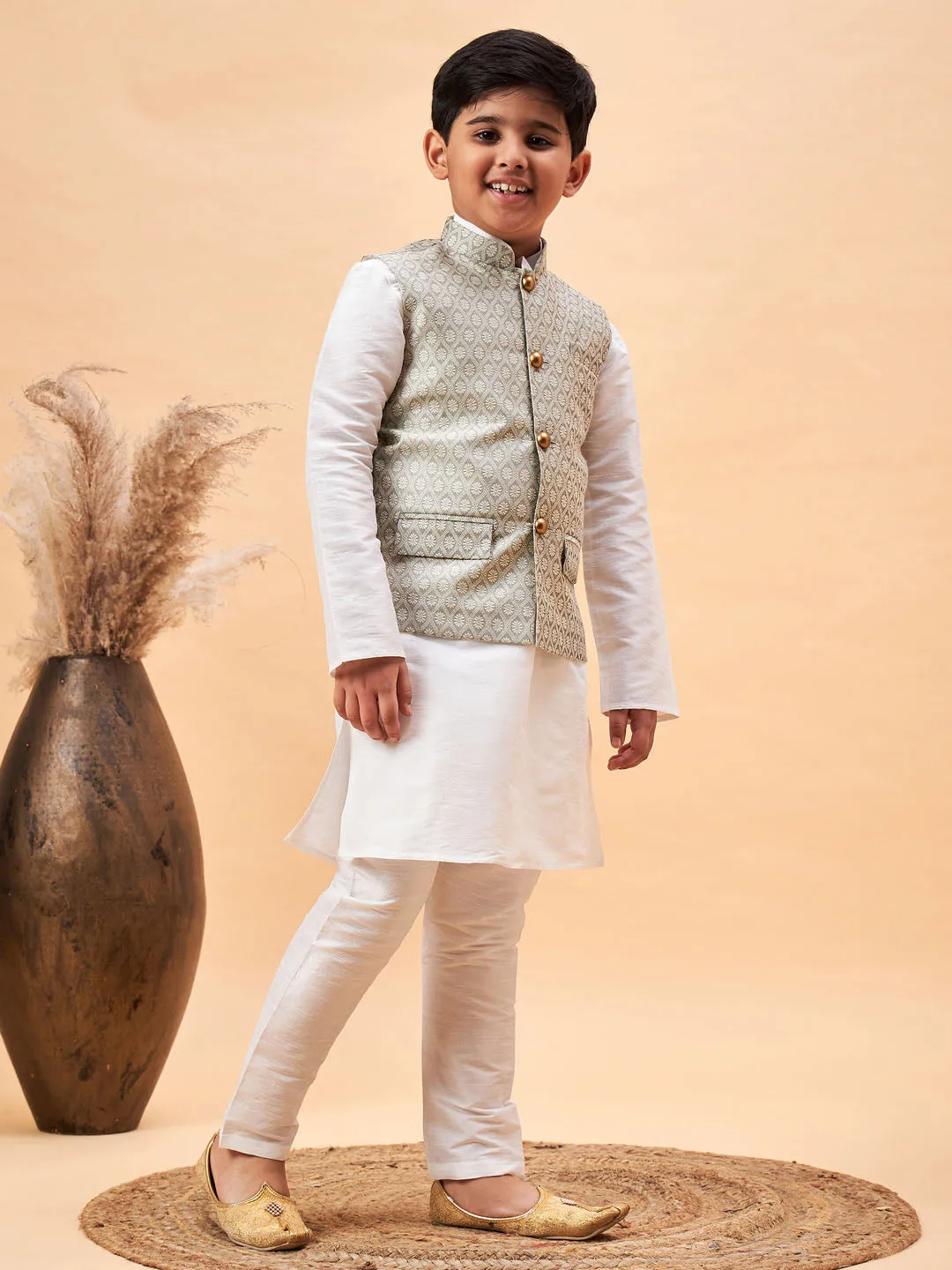 VASTRAMAY Boy's Beige Woven Jacket With White Kurta and Pyjama Set