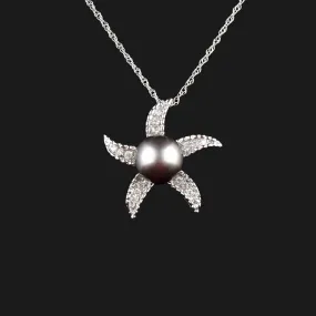 Vintage 14K White Gold Black Pearl Diamond Starfish Necklace