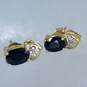 Vintage Sapphire and Diamond Earrings. 10k Solid Yellow Gold. September Birthstone.