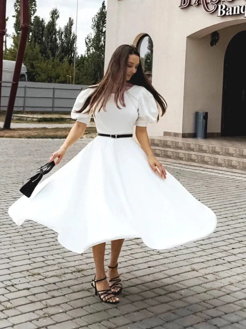 Women's Elegant Backless Swing Dress with Short Sleeves and Crew Neck