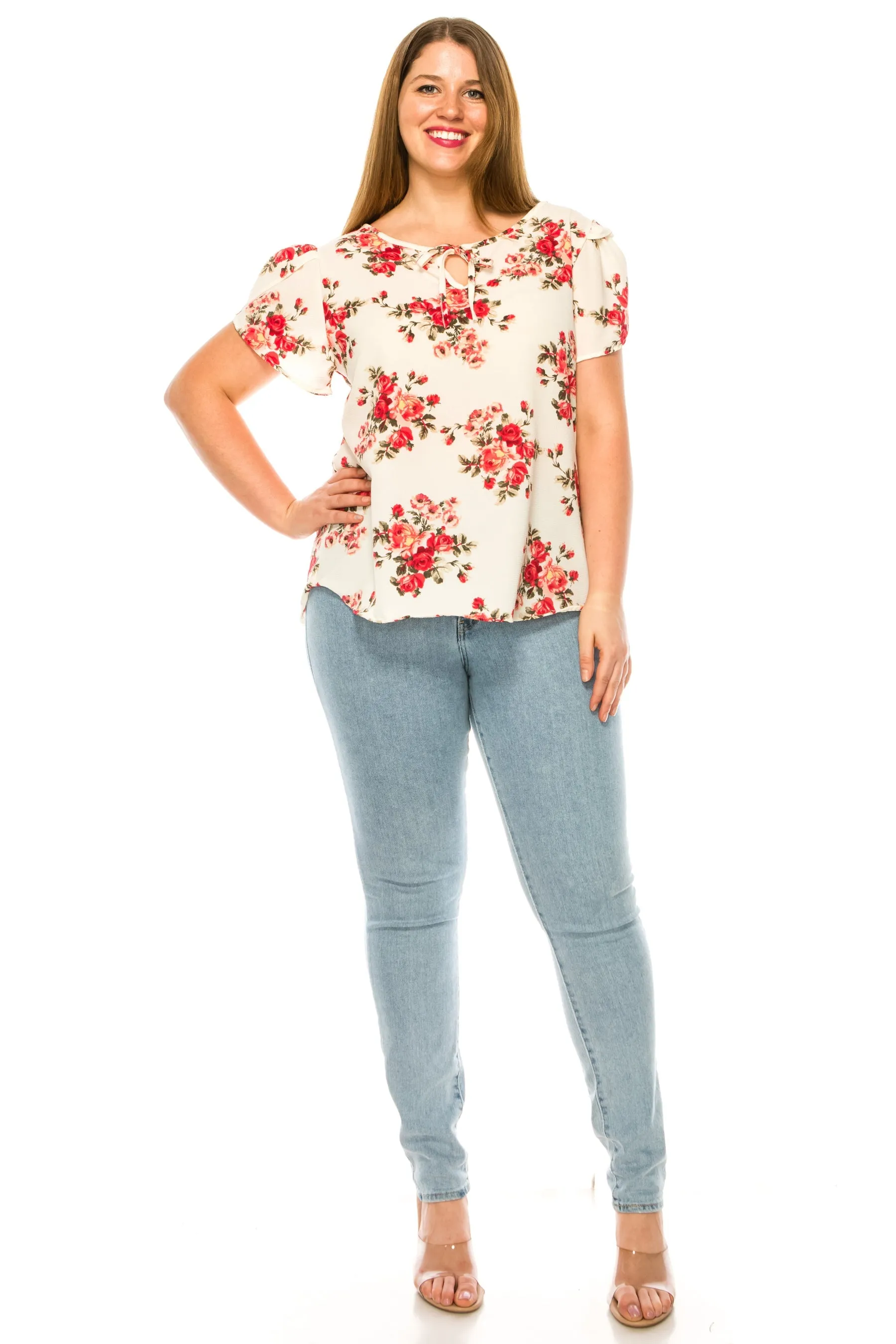 Women's Floral Plus Size Short Sleeve Tunic Top Blouse