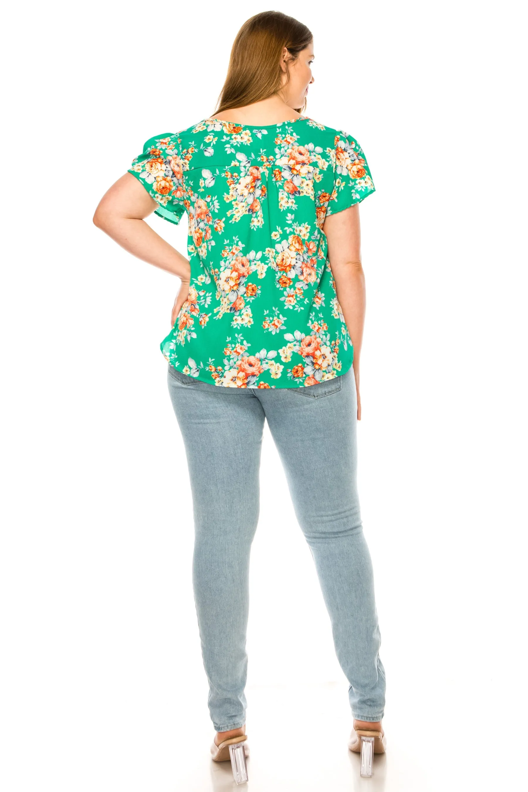 Women's Floral Plus Size Short Sleeve Tunic Top Blouse