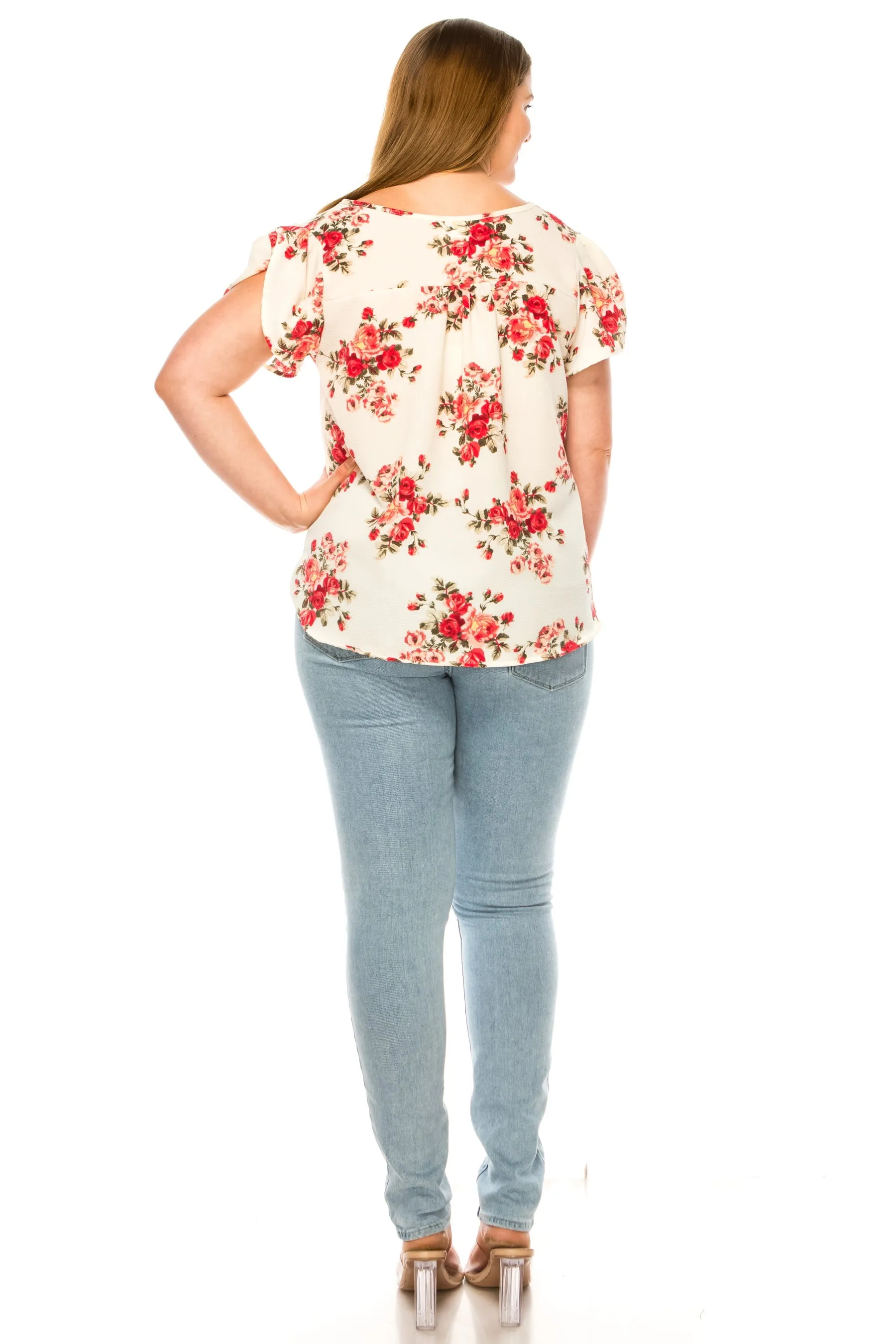 Women's Floral Plus Size Short Sleeve Tunic Top Blouse