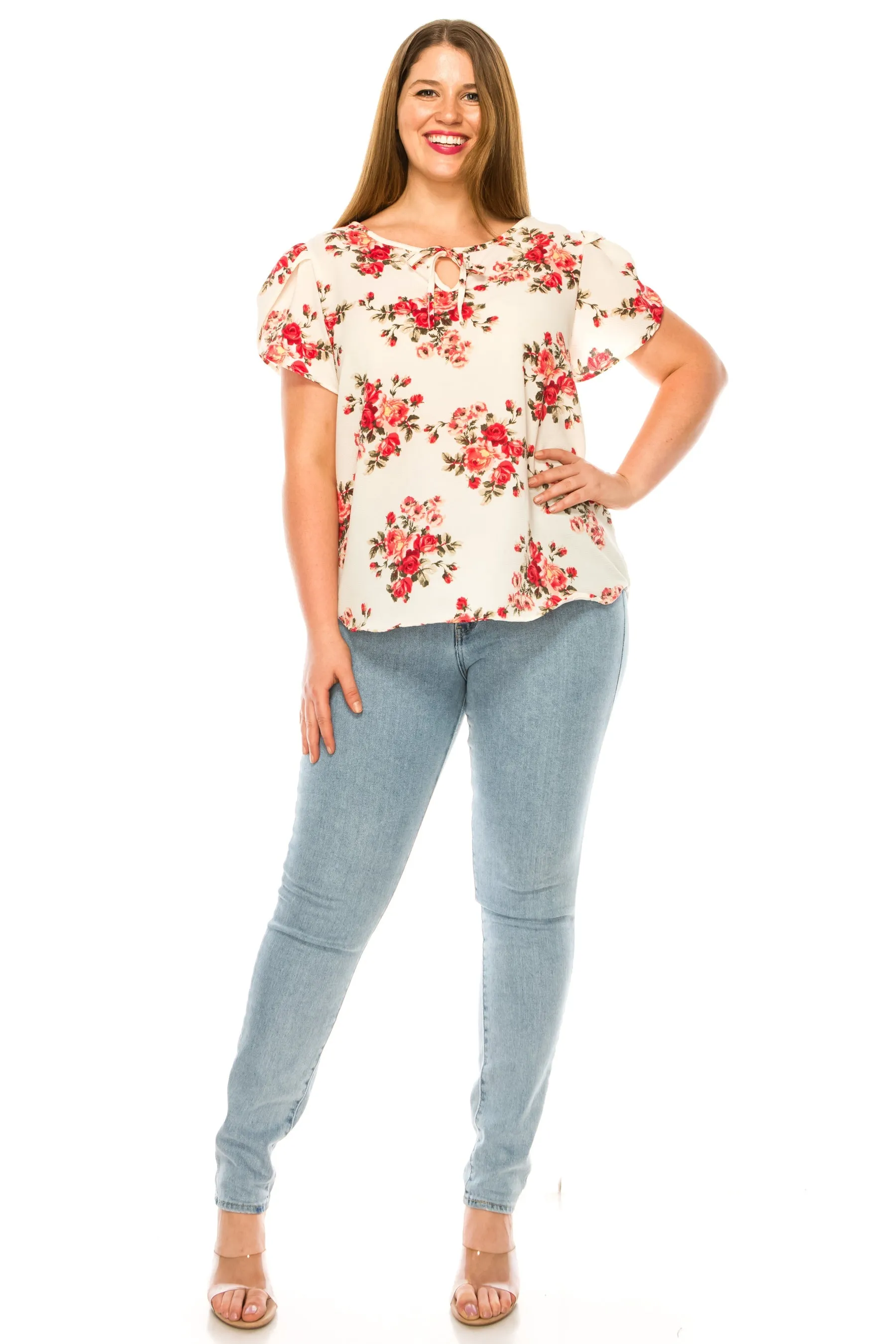 Women's Floral Plus Size Short Sleeve Tunic Top Blouse