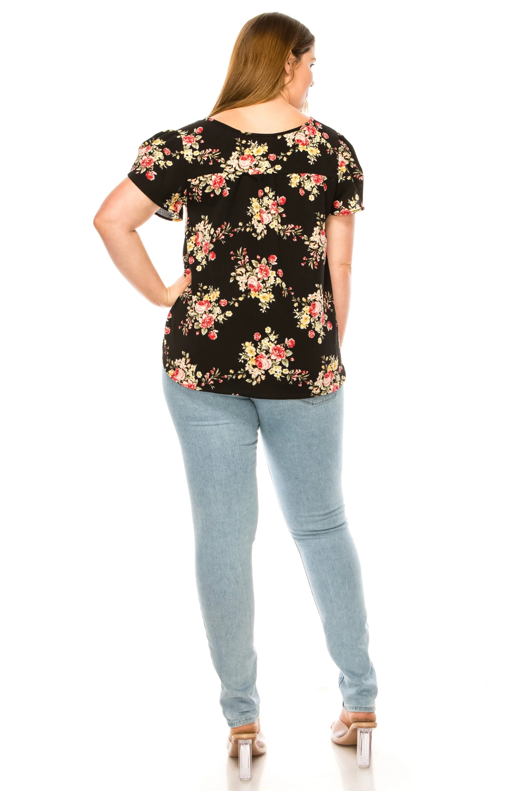 Women's Floral Plus Size Short Sleeve Tunic Top Blouse