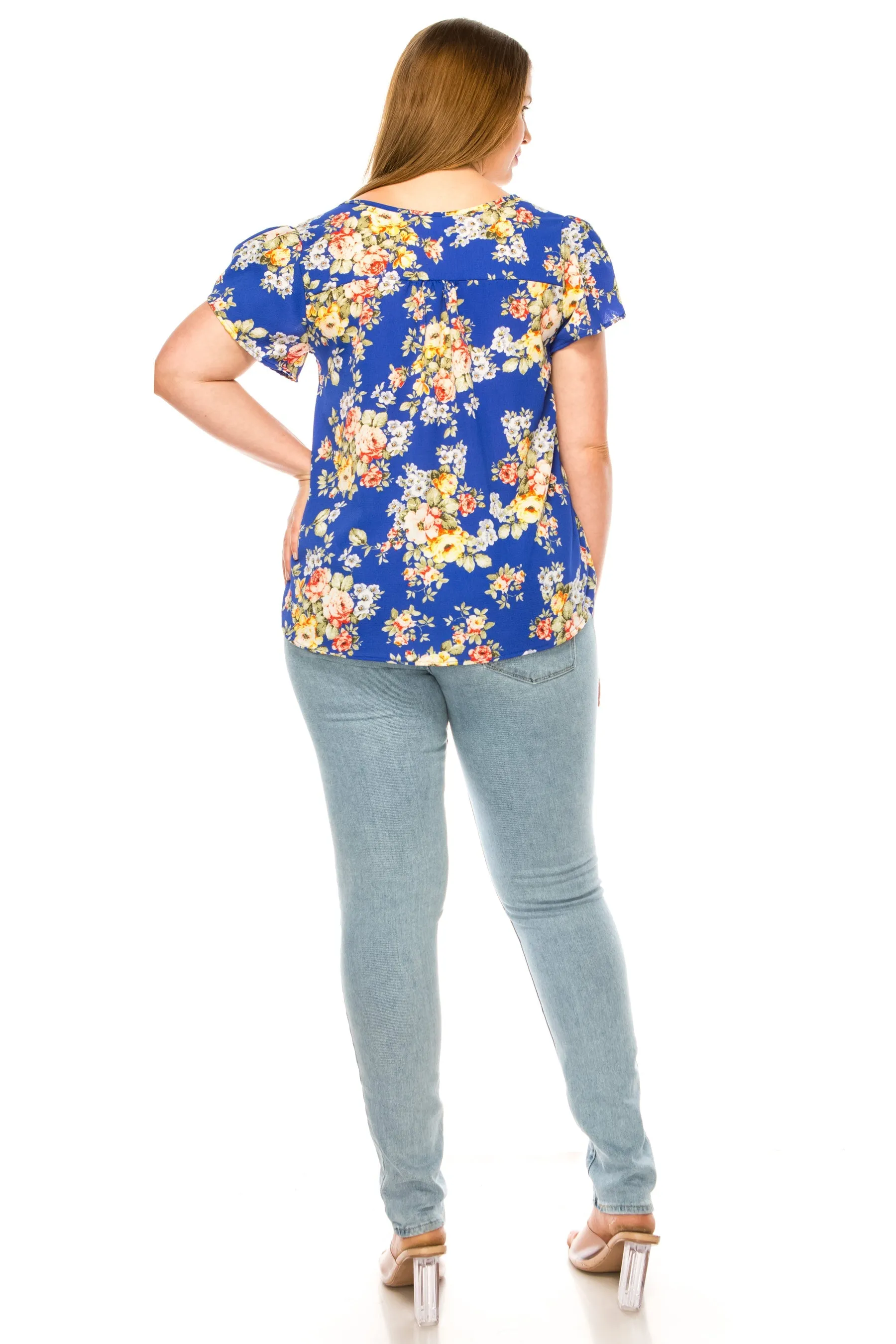 Women's Floral Plus Size Short Sleeve Tunic Top Blouse