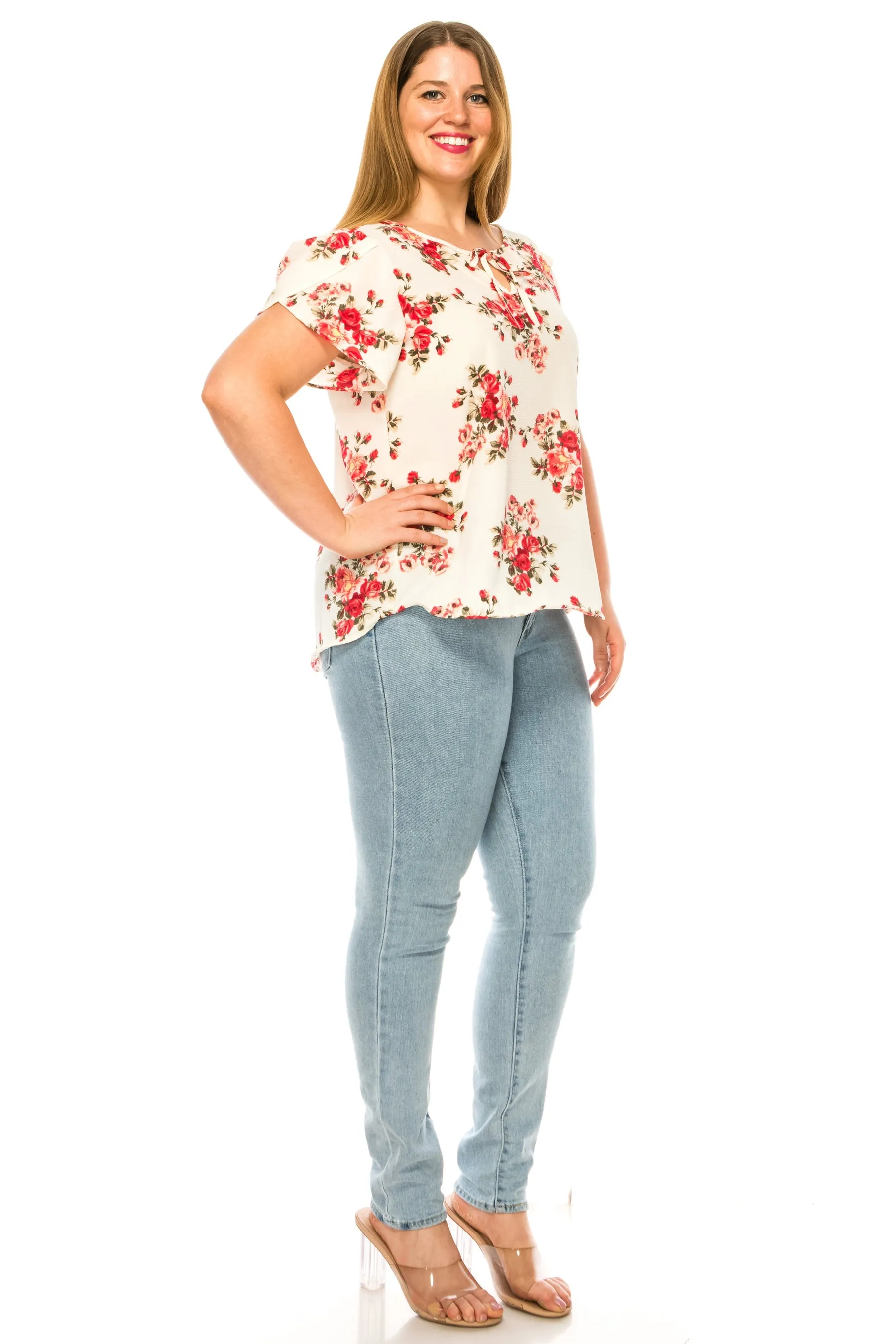 Women's Floral Plus Size Short Sleeve Tunic Top Blouse