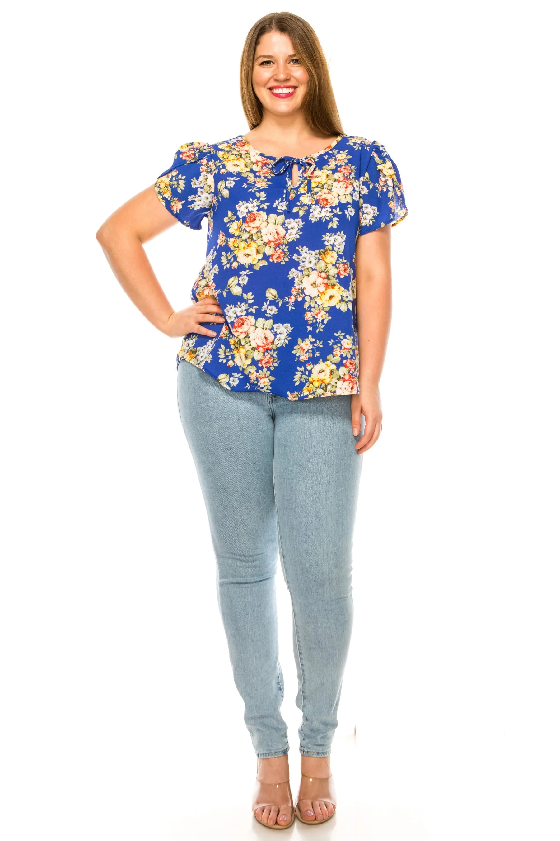 Women's Floral Plus Size Short Sleeve Tunic Top Blouse