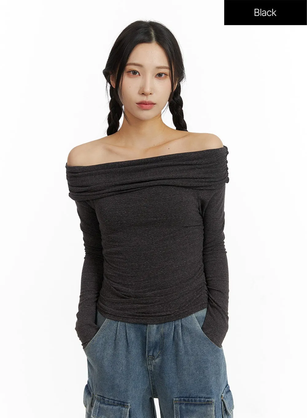 Wool-Blend Off-Shoulder Ruched Knit Top CF416